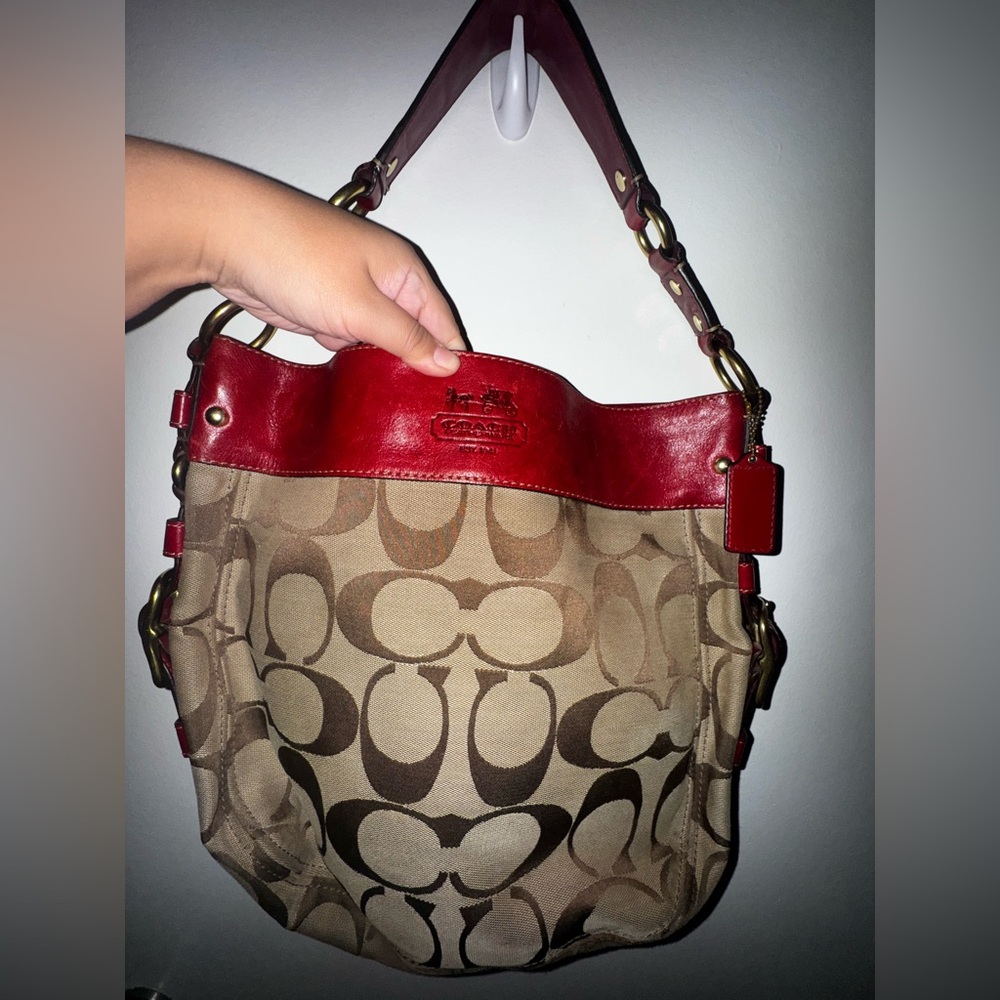 Coach Red and Brown Shoulder Bag with Signature Monogram